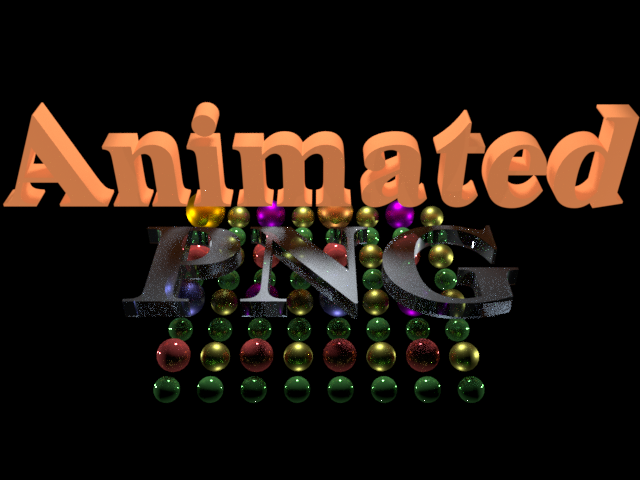 A static view of the 3D text "Animated PNG" above shiny multicolored spheres in a grid.