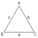 A triangle with corners labeled with the uppercase letters A, B, C, and their opposing edges labeled with the lowercase letters a, b, c