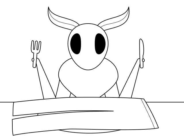 : [A drawing of a moth at a table, holding a fork and knife, in front of a plate which has a pair of pants on it.]