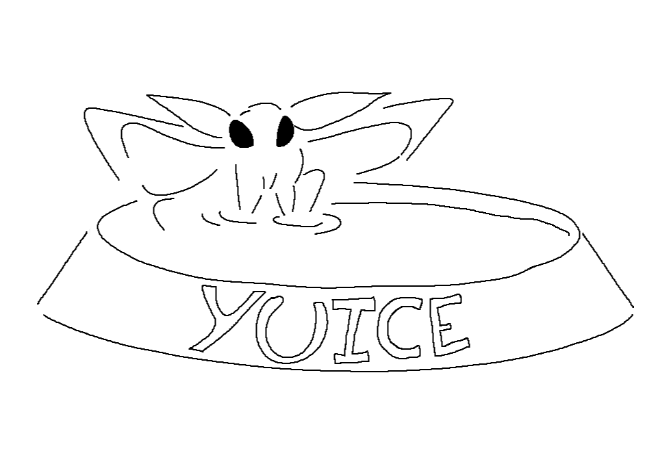 : [A drawing of a moth sitting in a full water bowl labelled "YUICE".]